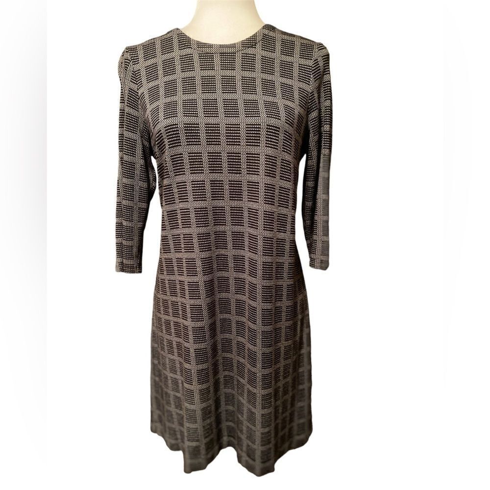 J Jill Plaid Dress 3/4” Sleeves Black & Grey Scoop Neck Size Small